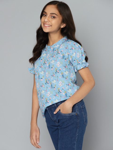 

M&H Juniors Girls Blue & Pink Floral Print Regular Top