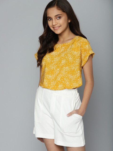 

M&H Juniors Girls Mustard Yellow & White Floral Print Extended Sleeves Regular Top