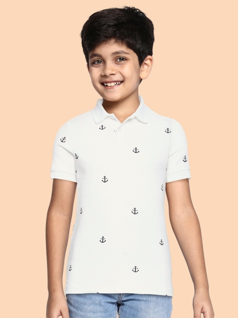 

M&H Juniors Boys White & Black Printed Pure Cotton Polo Collar T-shirt