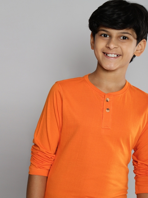 

MH Juniors Boys Orange Solid Pure Cotton Henley Neck Pure Cotton T-shirt