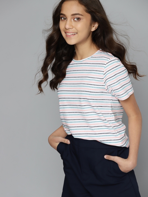 

MH Juniors Girls White Coral Pink Embroidered Striped Pure Cotton T-shirt