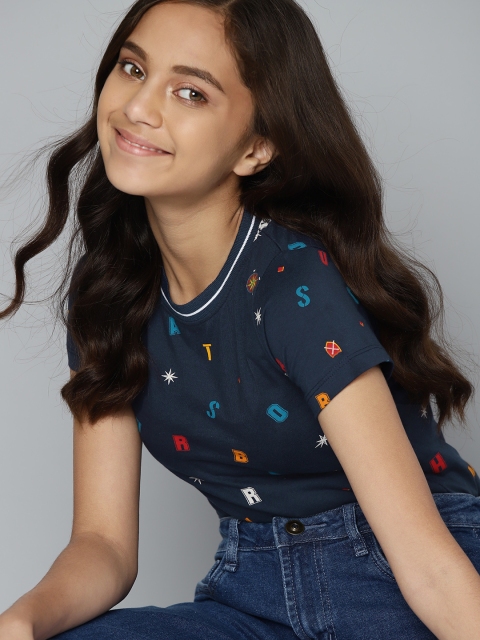 

MH Juniors Girls Navy Blue Yellow Typography Print Pure Cotton T-shirt