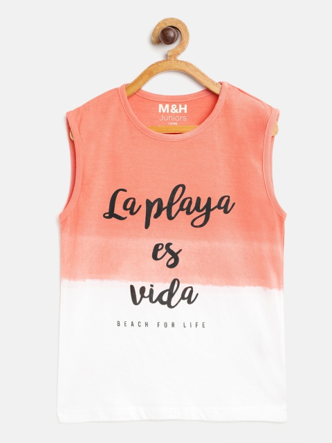 

M&H Juniors Boys White & Coral Pure Cotton Typography Print Sleeveless T-shirt