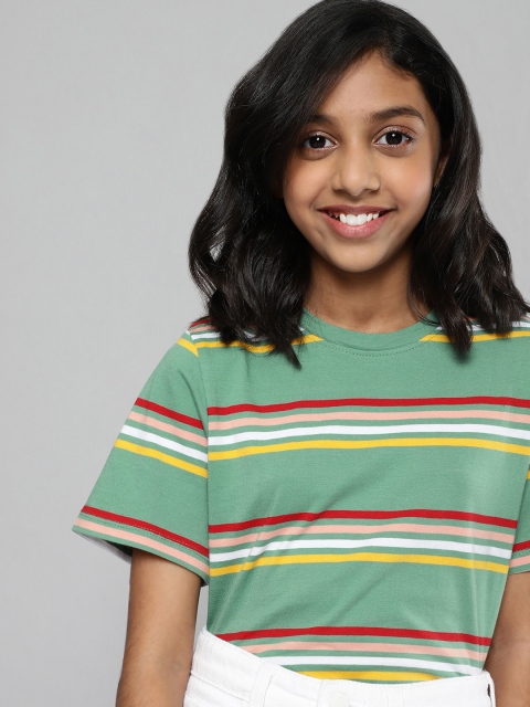 

MH Juniors Girls Green Red Striped Round Neck Pure Cotton T-shirt