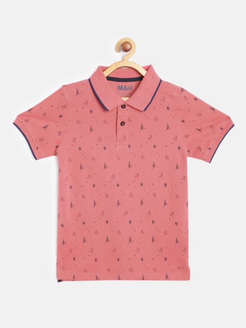 

M&H Juniors Boys Dusty Pink & Navy Blue Pure Cotton Cactus Printed Polo Collar T-shirt