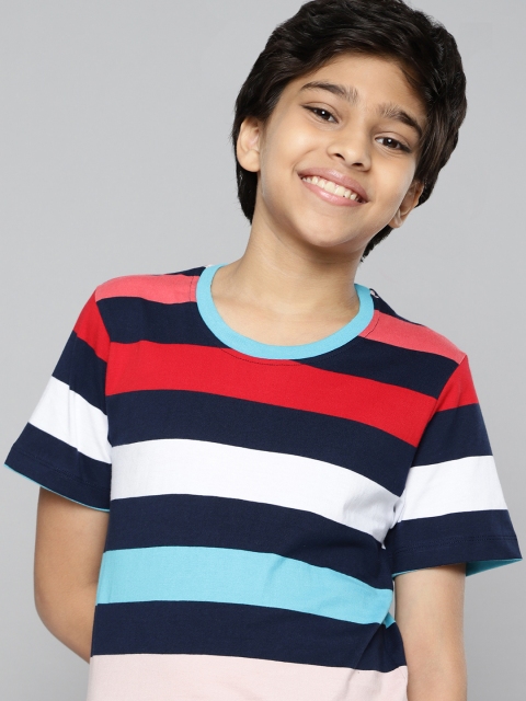 

M&H Juniors Boys Navy Blue & White Pure Cotton Striped T-shirt