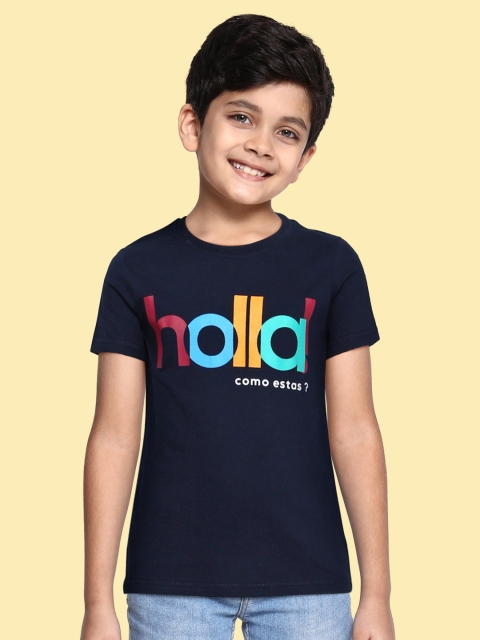 

M&H Juniors Boys Navy Blue Typography Printed Round Neck Regular Sleeves Pure Cotton