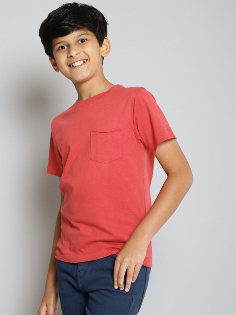 

MH Juniors Boys Coral Red Pure Cotton Solid Round Neck Pure Cotton T-shirt