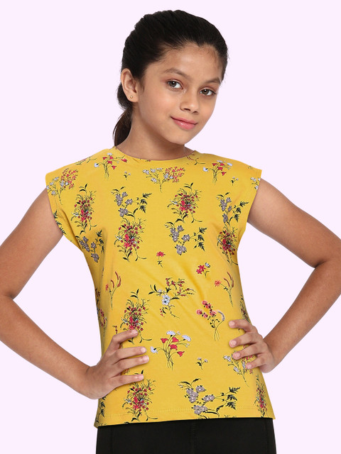 

M&H Juniors Girls Yellow Floral Printed Extended Sleeves High-Low T-shirt