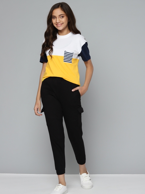

M&H Juniors Girls White & Mustard Yellow Pure Cotton Colourblocked T-shirt