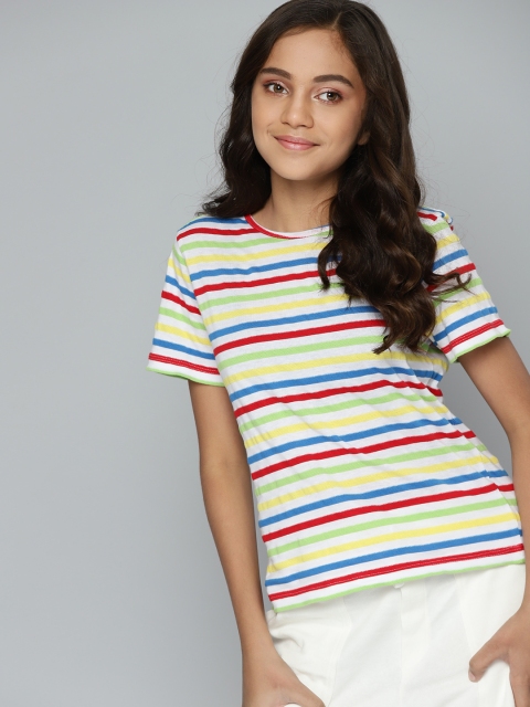 

MH Juniors Girls Multicoloured Pure Cotton Striped Pure Cotton T-shirt, Multi