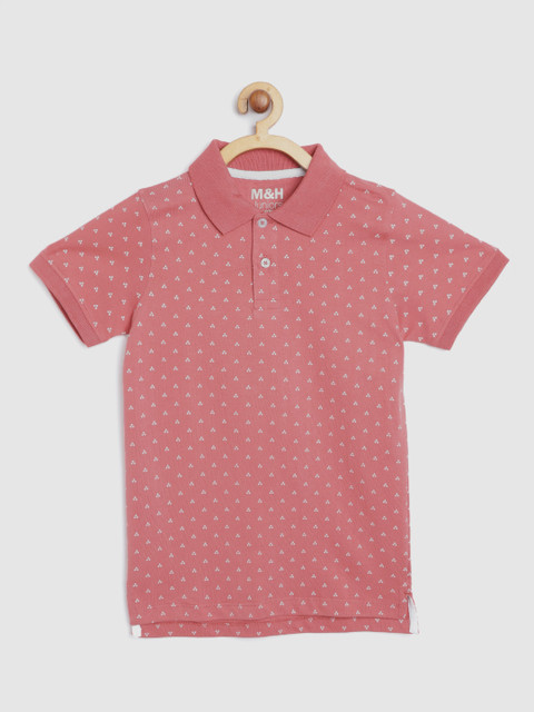

M&H Juniors Boys Dusty Pink & White Pure Cotton Micro Ditsy Print Polo Collar T-shirt