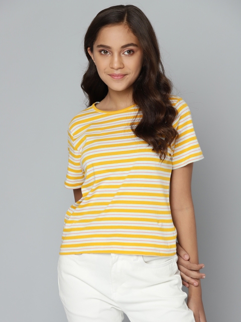 

MH Juniors Girls Mustard Yellow Pink Round Neck Pure Cotton T-shirt