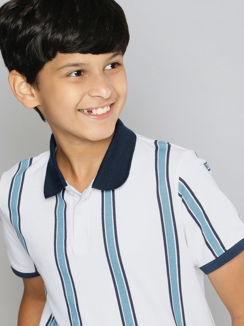 

MH Juniors Boys White Blue Pure Cotton Striped Polo Collar Pure Cotton T-shirt