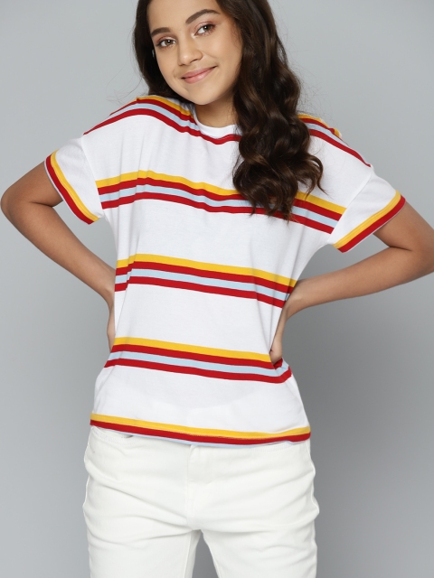 

MH Juniors Girls White Red Striped Extended Sleeves Round Neck Pure Cotton T-shirt