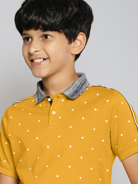 

MH Juniors Boys Mustard Yellow Printed Pure Cotton Polo Collar Pure Cotton T-shirt