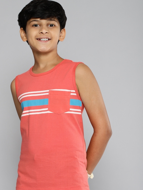

MH Juniors Boys Coral Pink White Pure Cotton Striped Pure Cotton T-shirt