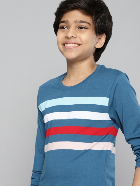 

M&H Juniors Boys Teal Blue & White Striped Cotton T-shirt