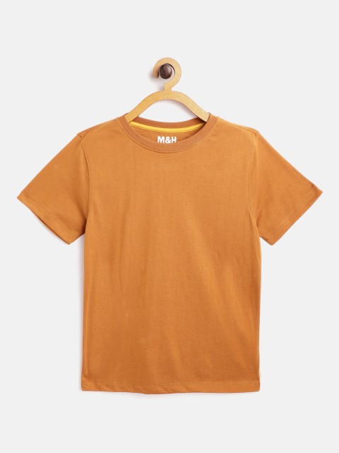 

MH Juniors Boys Mustard Brown Pure Cotton Solid Round Neck Pure Cotton T-shirt