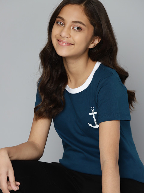 

M&H Juniors Girls Teal Blue Cotton Anchor Print T-shirt