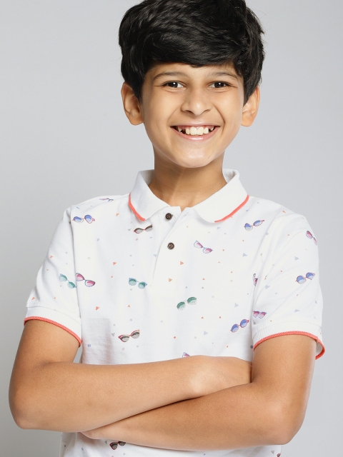 

MH Juniors Boys White Printed Pure Cotton Polo Collar Pure Cotton T-shirt