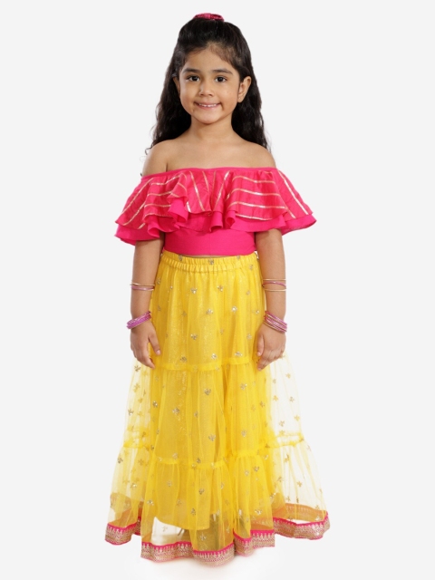 

Lil Peacock Girls Yellow & Pink Embellished Ready to Wear Lehenga & Choli Set