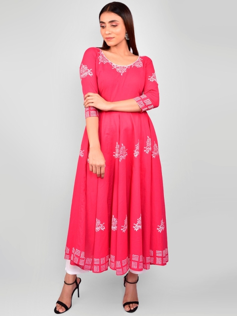 

Indi INSIDE Women Pink & White Ethnic Motifs Block Printed Anarkali Kurta