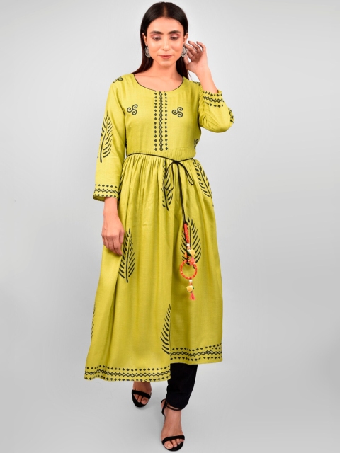 

Indi INSIDE Women Lime Green & Black Floral Block Printed Anarkali Kurta