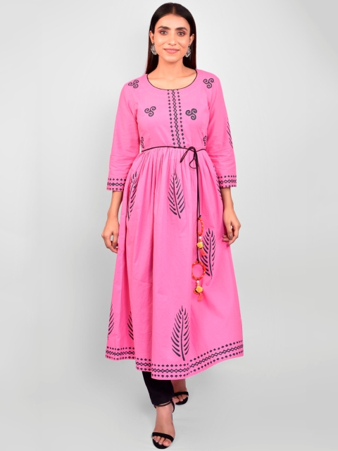 

Indi INSIDE Women Pink & Black Floral Block Printed Pastels Anarkali Kurta