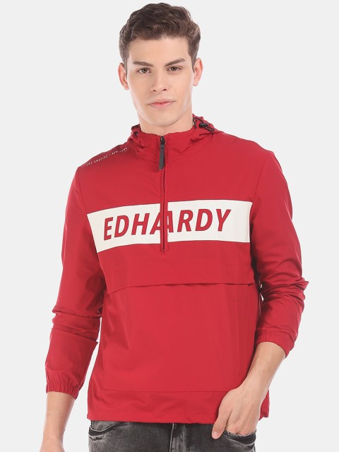 

Ed Hardy Men Red & White Printed Hooded Paneled Sporty Jacket