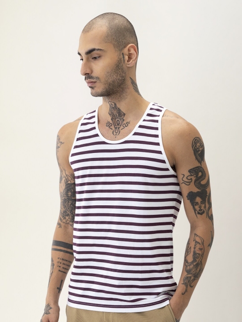 

DAMENSCH Men White & Maroon Striped Pure Cotton T-shirt