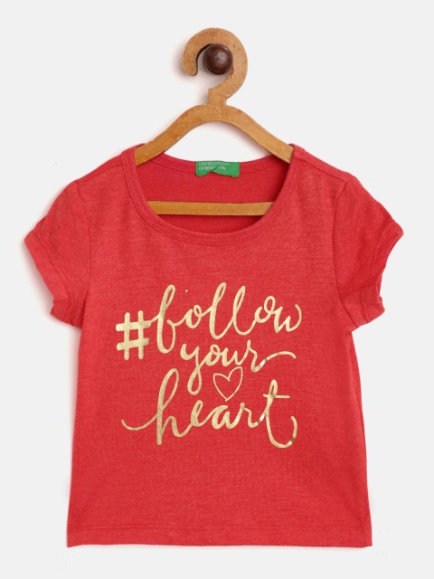 

United Colors of Benetton Girls Red & Golden Typography Print Pure Cotton T-shirt