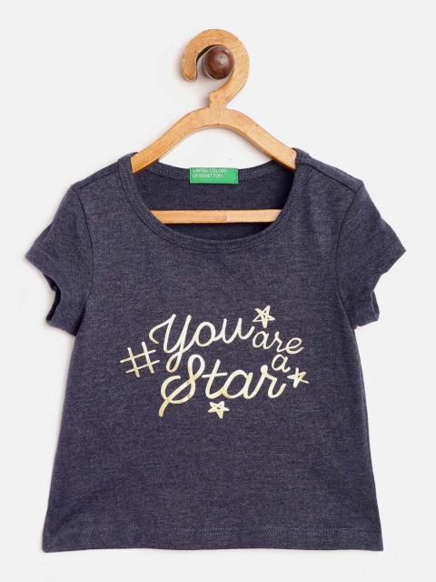 

United Colors of Benetton Girls Navy Blue & Golden Typography Print T-shirt
