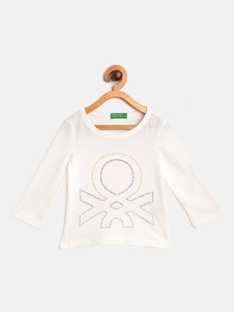 

United Colors of Benetton Girls Off-White Pure Cotton Brand Logo Print T-shirt