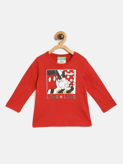 

United Colors of Benetton Girls Red & White Mickey Mouse Print Cotton Pure Cotton T-shirt