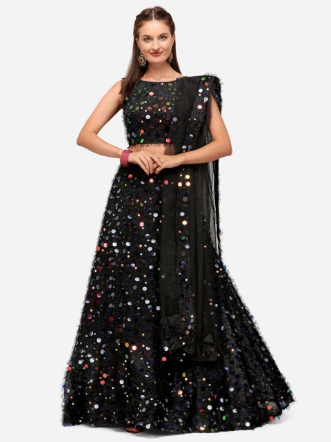 

JATRIQQ Black & Navy Blue Embellished Sequinned Semi-Stitched Lehenga & Unstitched Blouse With Dupatta