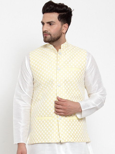

KRAFT INDIA Men Yellow & White Floral Embroidered Silk Blend Nehru Jacket