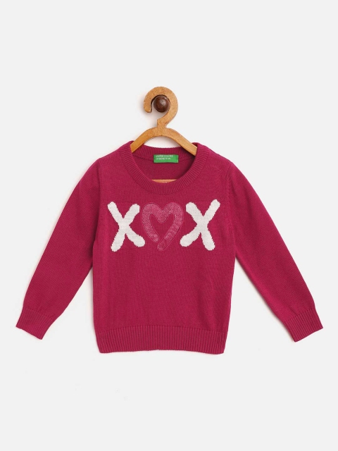 

United Colors of Benetton Girls Magenta & White Typography Pullover with Embellished Detail