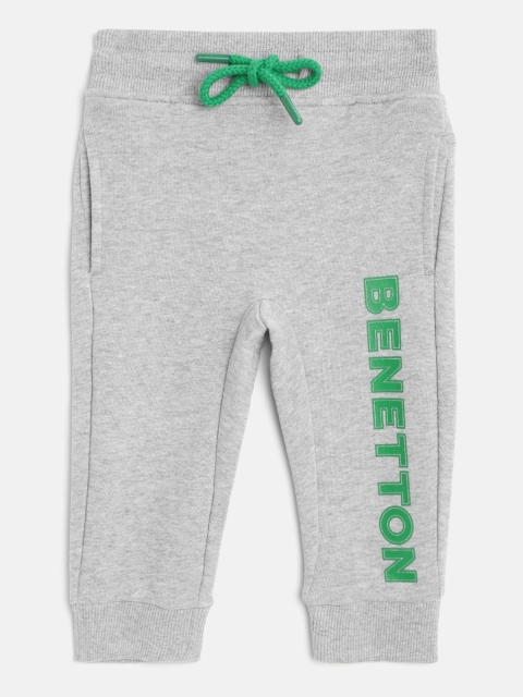 

United Colors of Benetton Boys Grey Melange & Green Cotton Brand Logo Print Joggers