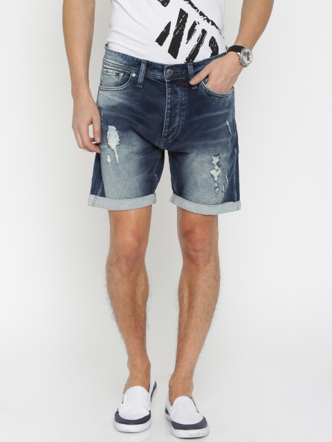 

Jack & Jones Men Blue Washed Regular Fit Distressed Denim Shorts