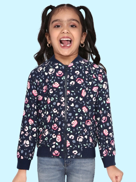 

United Colors of Benetton Girls Navy Blue & Pink Floral Print Bomber Jacket