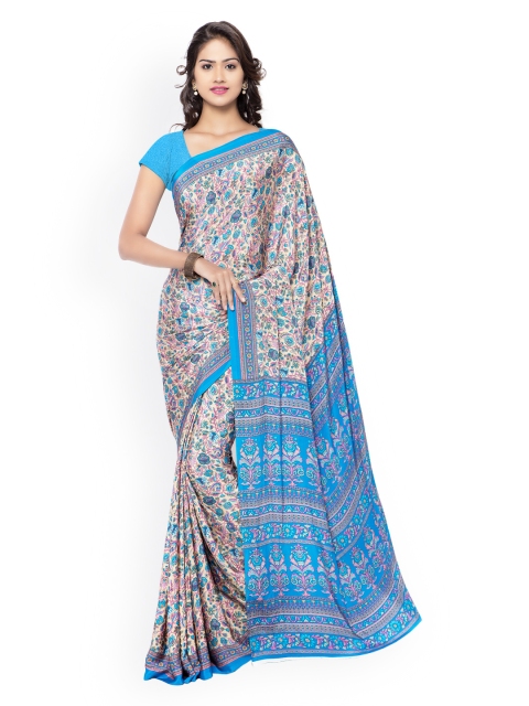 

Ligalz Beige & Blue Crepe Floral Print Saree