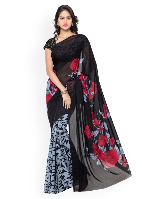 

Ligalz Black & Grey Georgette Floral Print Saree