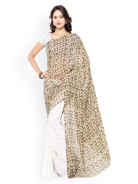 

Ligalz White & Brown Georgette Floral Print Saree