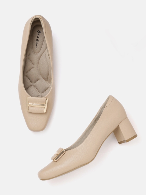 

Mast & Harbour Beige Solid Block Heeled Pumps