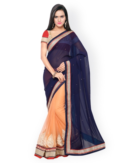 

Touch Trends Blue & Orange Embroidered Georgette & Net Embellished Saree