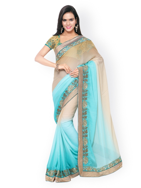 

Touch Trends Beige & Blue Embroidered Satin & Georgette Saree