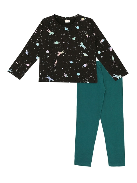 

RAINE AND JAINE Girls Black & Green Printed T-shirt with Leggings