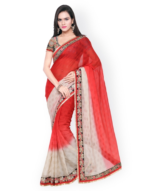

Touch Trends Red & Beige Satin & Chiffon Embellished Saree