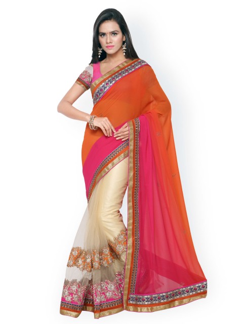 

Touch Trends Orange & Beige Embroidered Net & Georgette Embellished Saree